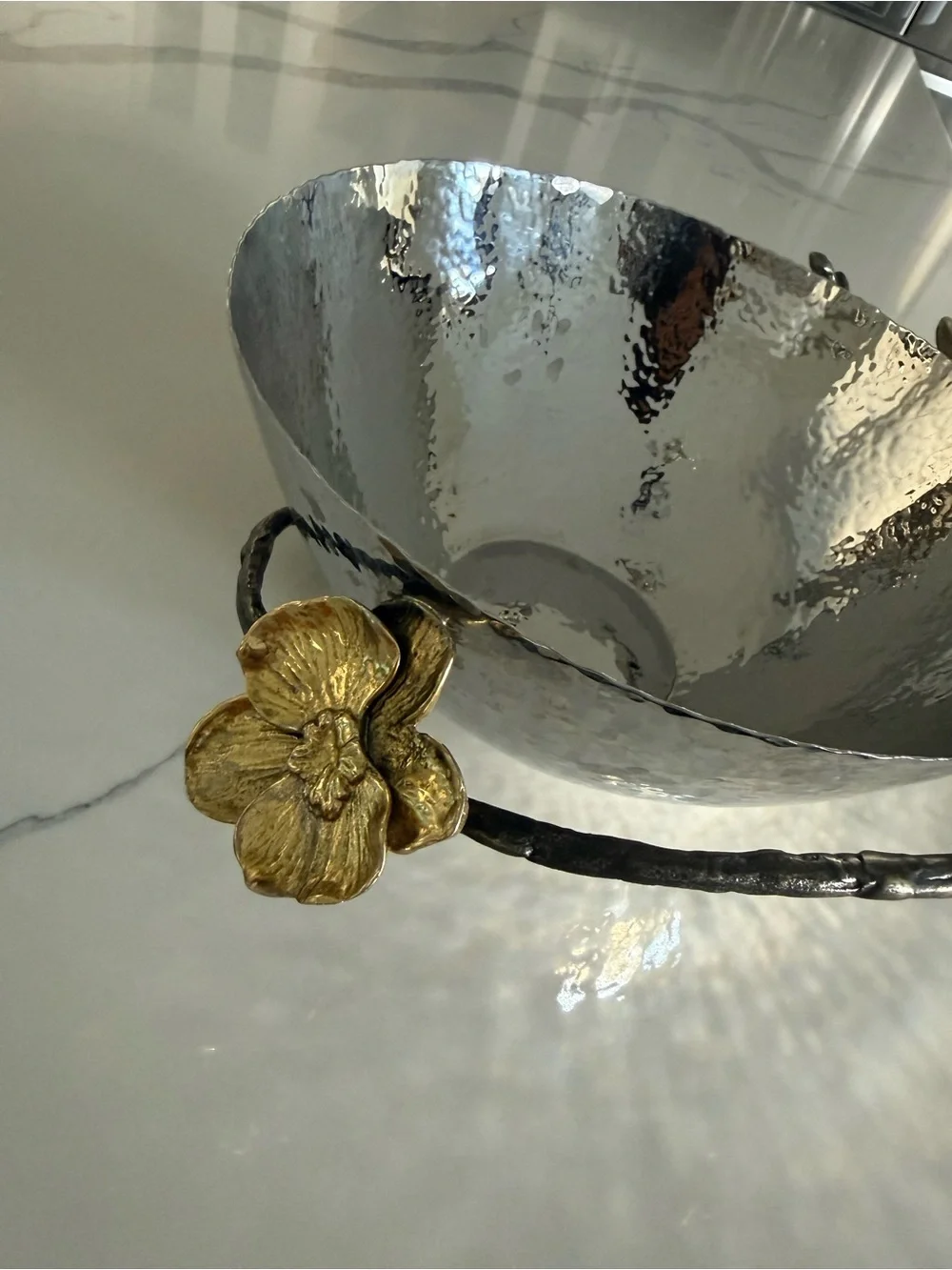 Decorative Michael Aram Silver Hammered Bowl with Gold orchid